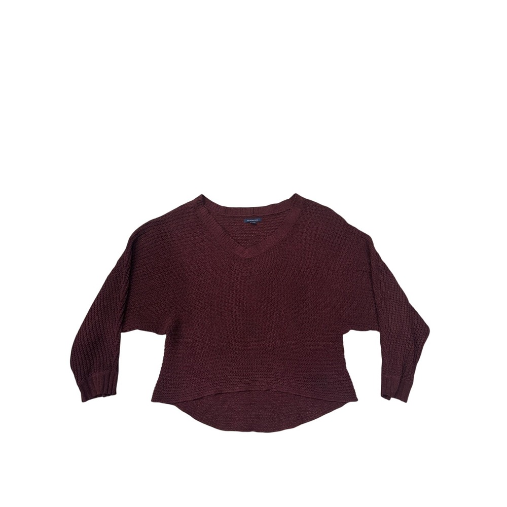 American Eagle Women XL‎ Burgundy Batwing V-Neck Chunky Knit High-Low Sweater